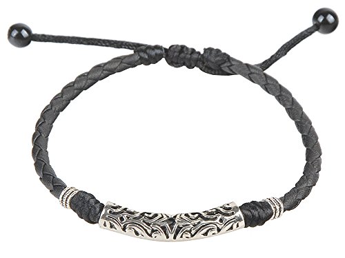 Verstellbares Fußkettchen aus schwarzem geflochtenem Leder mit geprägtem silberfarbenem Röhrchen – Unisex Boho Fußschmuck (23cm Innenumfang) von Ancient Tribe