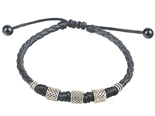 Verstellbares Fußkettchen aus schwarzem geflochtenem Leder mit silberfarbenen Hohlperlen und schwarzer Kordelwicklung – Innenumfang 23 cm – Boho Unisex Schmuck für Knöchel oder Handgelenk von Ancient Tribe