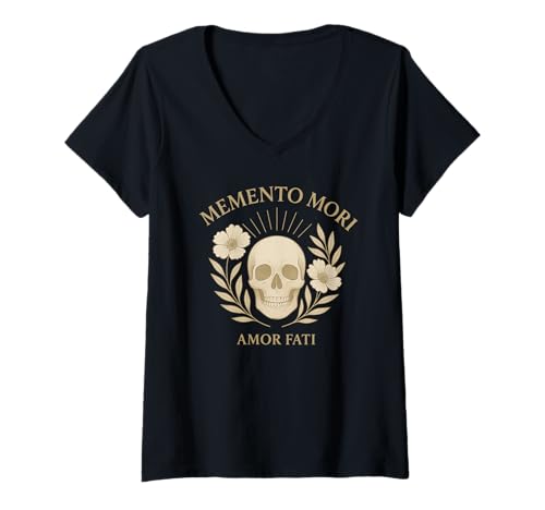 Damen Memento Mori Amor Fati lateinisches stoisches Zitat T-Shirt mit V-Ausschnitt Damen Memento Mori Amor Fati lateinisches stoisches Zitat T-Shirt mit V-Ausschnitt von Ancient Wisdom Latin Stoic Philosophy Faith