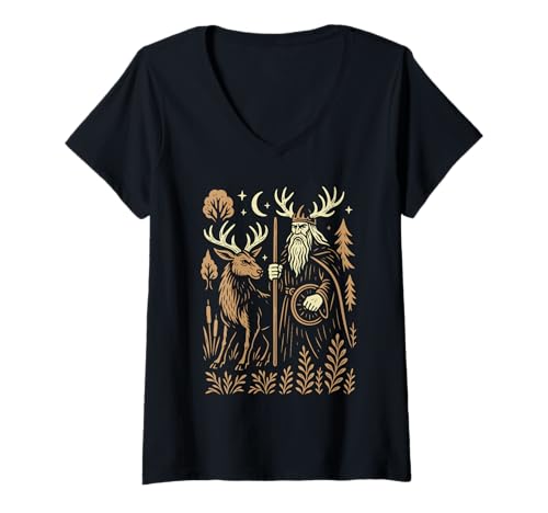 Damen Mythischer nordischer Waldgott Kunst Wikinger heidnische Symbolik nordisch T-Shirt mit V-Ausschnitt von Ancient Woodland Folklore, Viking Symbolism Merch