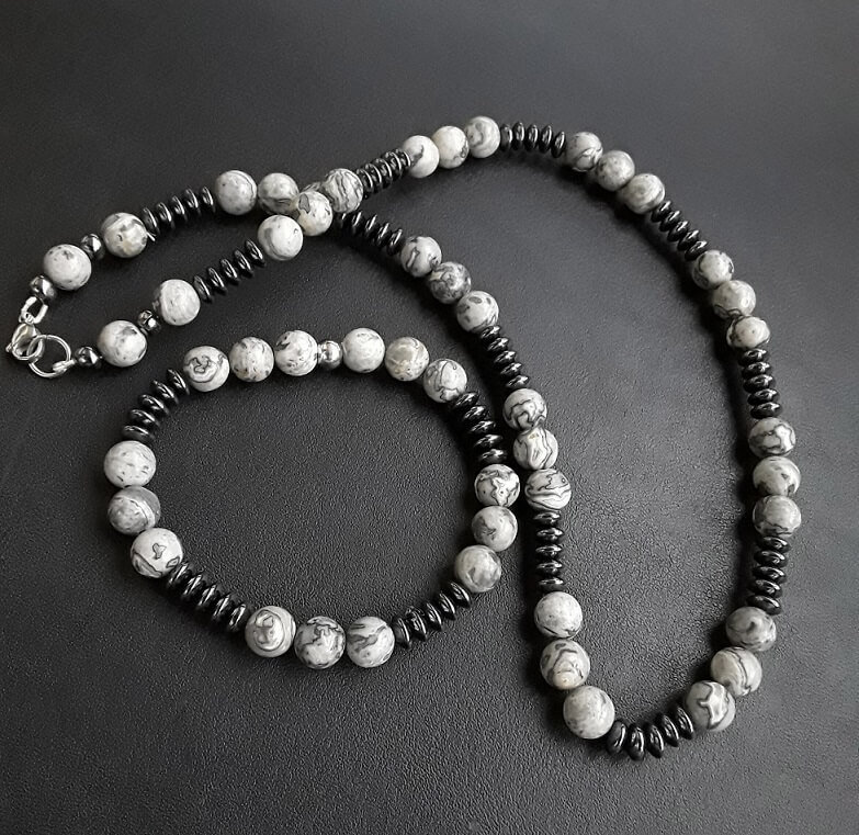 Ophion - Komplettes Set | Halskette Und Armband Aus 8mm Hochwertigen Jaspis-, Hämatit - Silberperlen | Limited Edition von AncientGreeceR