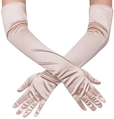 Ancokig Damen Lange Handschuhe Satin Classic Opera Fest Party Hochzeit Braut Handschuhe 1920er Stil Handschuhe Elastisch Erwachsene Größe bis Handgelenk Länge (52 CM-Champagner) von Ancokig