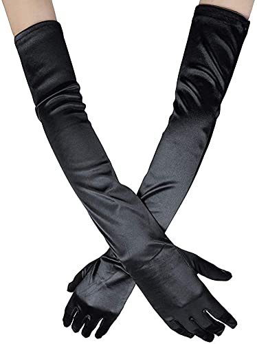 Ancokig Damen Lange Handschuhe Satin Classic Opera Fest Party Hochzeit Braut Handschuhe 1920er Stil Handschuhe Elastisch Erwachsene Größe bis Handgelenk Länge (52 CM-Schwarz) von Ancokig