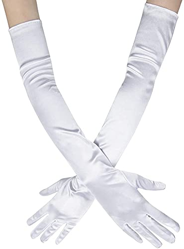 Ancokig Damen Lange Handschuhe Satin Classic Opera Fest Party Hochzeit Braut Handschuhe 1920er Stil Handschuhe Elastisch Erwachsene Größe bis Handgelenk Länge (52 CM-Weiß) von Ancokig