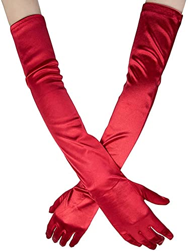 Ancokig Damen Lange Handschuhe Satin Classic Opera Fest Party Hochzeit Braut Handschuhe 1920er Stil Handschuhe Elastisch Erwachsene Größe bis Handgelenk Länge (52 CM-rot) von Ancokig