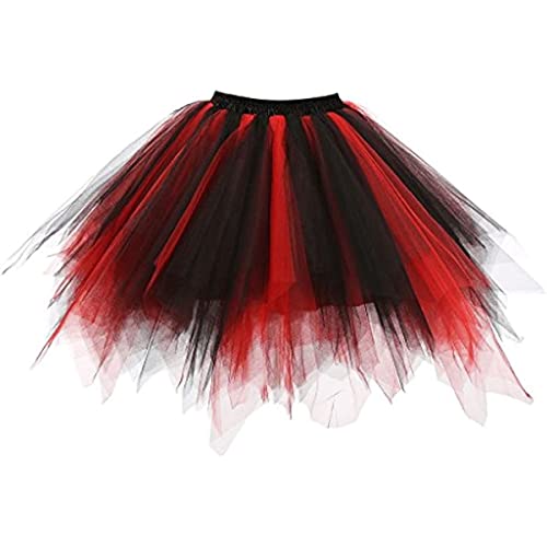 Damen Tüllrock tütü Rock 50er Rockabilly Petticoat Tutu Unterrock Kurz Ballett Tanzkleid Cosplay Ballkleid Abendkleid (L-XL,Schwarz rot) von Ancokig