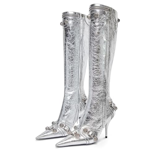 Ancomafio Kniehohe Stiefel für Frauen Stiletto Heel Nieten Stiefel Spitze Zehen Nieten Quaste Stiefel Sexy High Heel Punk Stiefel Reißverschluss, Ein Silber, 39 EU von Ancomafio