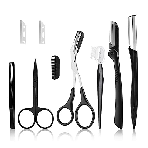 Ancuioyz Augenbrauen-Pflegeset, 9 Stück, Rostfreier Stahl, Schwarz, Professionelles Augenbrauen-Trimmerset mit Pinzette, Schere, Kamm, Geeignet für Männer und Frauen von Ancuioyz