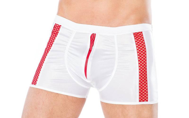 Andalea Men's Collection Boxershorts Herren Dessous Boxer-Shorts weiß aus wetlook Material mit rotem Reißve von Andalea Men's Collection