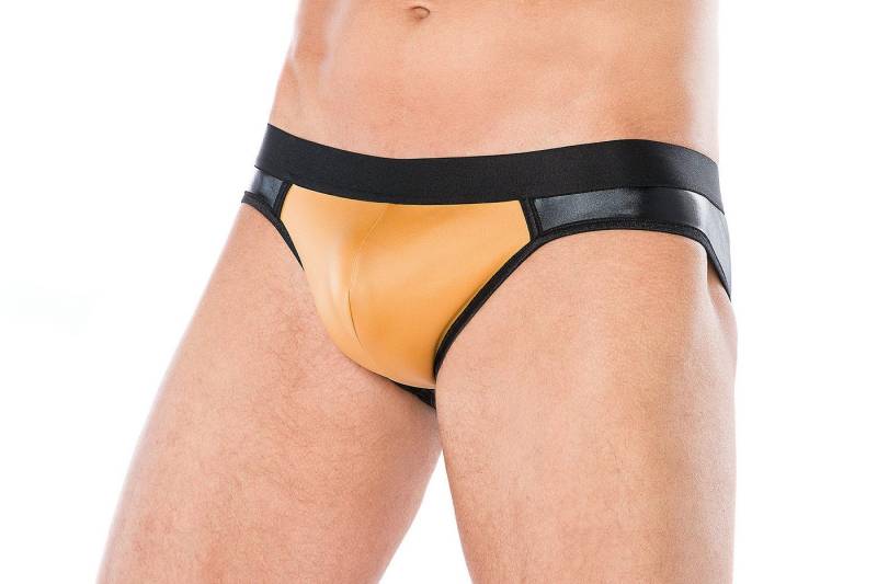 Andalea Men's Collection Slip Herren Dessous Slip Höschen schwarz gelb aus wetlook Material Männer S von Andalea Men's Collection