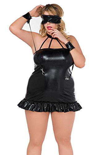 Damen XXL Dessous Chemise Wetlook Negligee in schwarz Bänder Mini-Nachtkleid mit Rücken-Reißverschluss und Handschellen sowie Augenbinde elastisch Größe: 54/56 von .Andalea