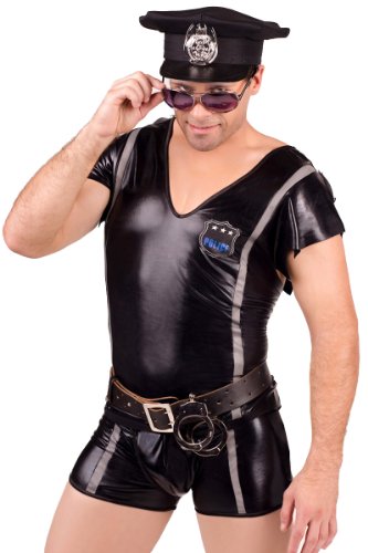 Andalea Erotisches, schwarzes Hemd Boxershort Set im Wetlook Police Officer Look für Männer dehnbar (S/M) von Andalea