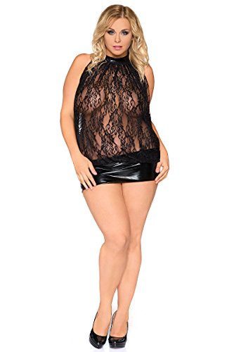 Andalea Erotisches schwarzes Damen Dessous Wetlook Chemise mit Spitze XXL Negligee Minikleid halbtransparent 54/56 von Andalea