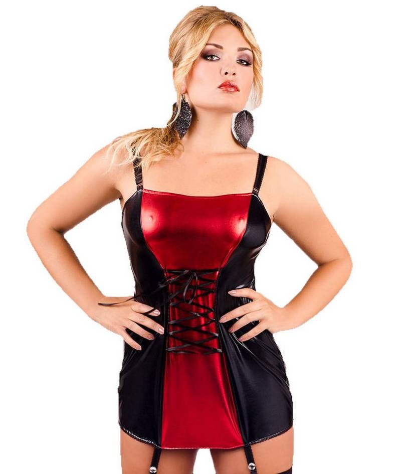 Andalea Negligé Elegantes Chemise schwarz aus Wetlook und Strapshalter mit Schnürung u von Andalea
