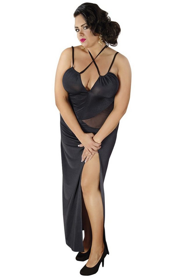 Andalea Negligé Schwarzes langes Dessous Kleid dehnbar mit Schlitz Damen Chemise Nacht von Andalea