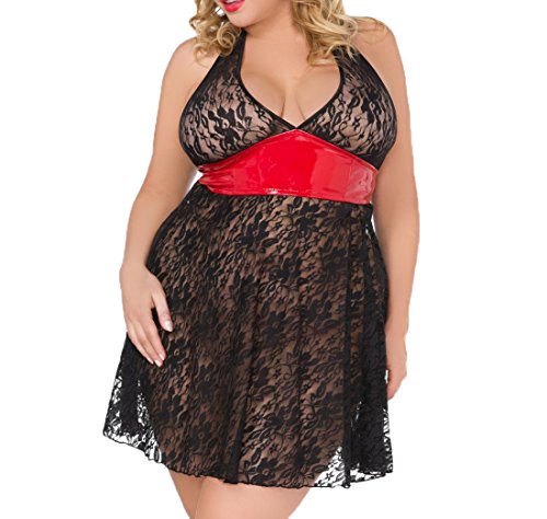 Schwarze rotes Damen Dessous XXL Neckholder-Chemise Babydoll mit Spitze transparent Plus Size 54/56 von Andalea