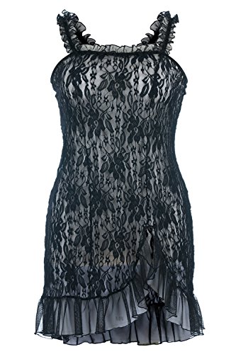 Andalea Schwarzes Spitzen Chemise transparent mit Strumpfband Damen Negligee XXL Plus Size 42/44 von Andalea