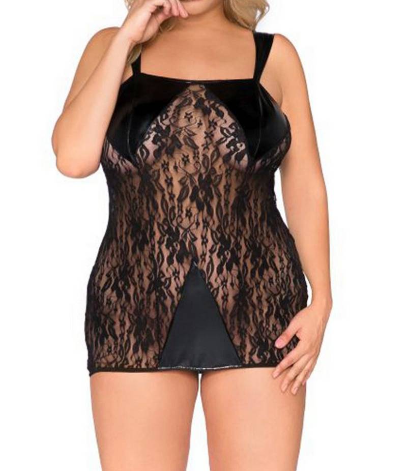 Andalea Set: Dekolleté-BH Schwarzes Wetlook Chemise transparent mit Spitze Damen Negligee XXL Pl von Andalea