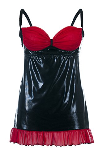 Schwarzes Wetlook Chemise transparent aus Tüll und Volant Damen Negligee XXL Plus Size 54/56 von Andalea