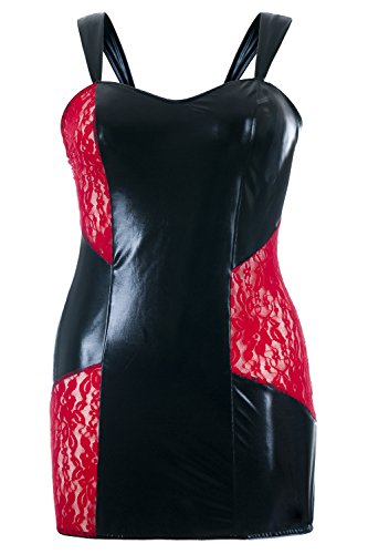 Schwarzes Wetlook Chemise transparent mit roter Spitze Damen Negligee XXL Plus Size 50/52 von Andalea