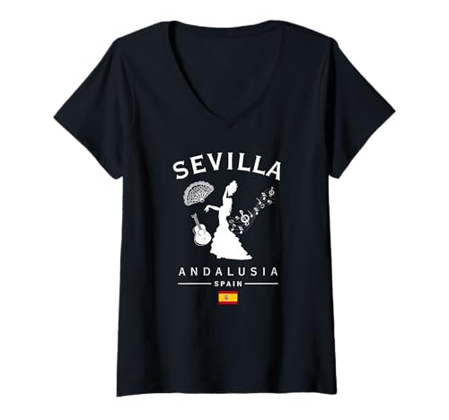 Damen Sevilla Andalusien Spanien Folklorische Musik Spanische Flagge T-Shirt mit V-Ausschnitt von Andalusia Sevilla Spain Folkloric Dance Souvenir