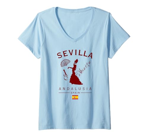 Damen Sevilla Andalusien Spanien Folklore Musik Spanische Flagge T-Shirt mit V-Ausschnitt von Andalusia Sevilla Spain Folkloric Dance Souvenir