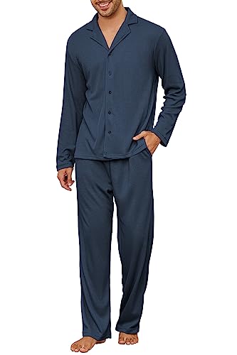 Andeip Hausanzug Herren Schlafanzug Set Lange Ärmel 2 Stück Schlafanzug Sets Waffel Strick Geknöpft Plus Größe Mit Taschen Marineblau XXXL von Andeip