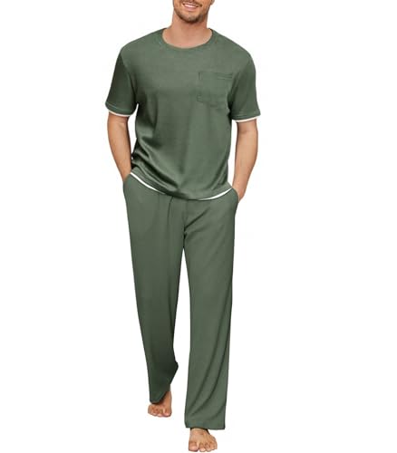 Andeip Herren Pyjamas Set Bequeme Nachtwäsche Waffelstrick Herren Pyjama Set Superweiches Schlafanzug Set Dunkelgrün XL Andeip Herren Pyjamas Set Bequeme Nachtwäsche Waffelstrick Herren Pyjama Set Superweiches Schlafanzug Set Dunkelgrün XL von Andeip