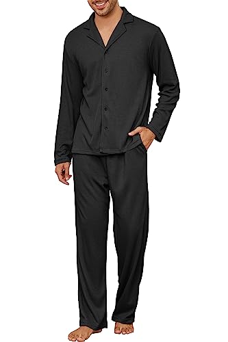 Andeip Herren Schlafanzug Set Waffelstrick Hausanzug Langarm Oberteil Und Kordelzug Lange Hose Schlafanzug Set Nachtwäsche Hausanzug Sets Schwarz XXL von Andeip