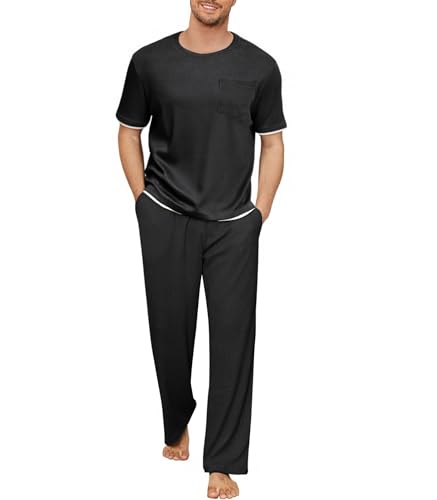 Andeip Pyjama Sets Weiche Schlafanzug Herren Set Bequeme Schlafanzüge Kurzarm Oberteil Und Lange Hosen Schwarz L von Andeip