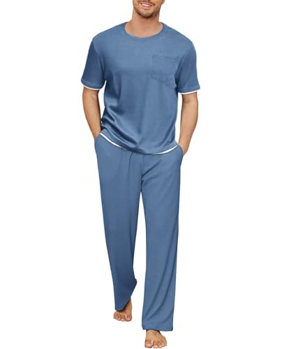 Andeip Pyjama Set Herren Kurzarm Schlafanzug Passform Pjs 2 Stück Aufenthaltsraum Set Mit Taschen Blau XXL Andeip Pyjama Set Herren Kurzarm Schlafanzug Passform Pjs 2 Stück Aufenthaltsraum Set Mit Taschen Blau XXL von Andeip