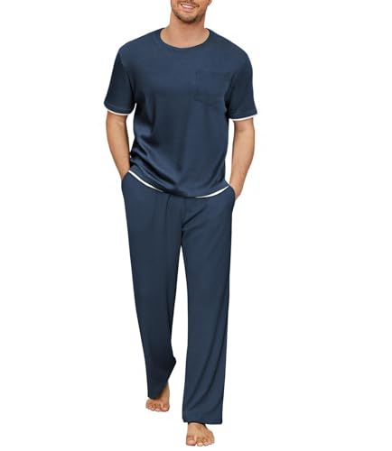 Andeip Pyjamas Sets Für Männer Waffelstrick Nachtwäsche Kurzarm Schlafanzug Passform Pyjamas Set Mit Taschen Marineblau XXL von Andeip