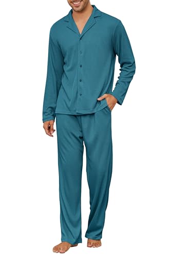 Andeip Schlafanzug Für Männer Weich Waffelstrick Hausanzug Set Langarm Und Hose Schlafanzug Für Männer Lightweight Matching Hausanzug Teal M von Andeip
