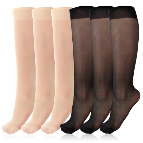 Andibro 6 Paar Kniestrümpfe für Damen, Elastische Transparente Nylonsocken mit Verstärkten Zehen Nylon Feinkniestrümpfe Breiter Weichem Komfortbund Hautfarben/Schwarz Einheitsgröße von Andibro