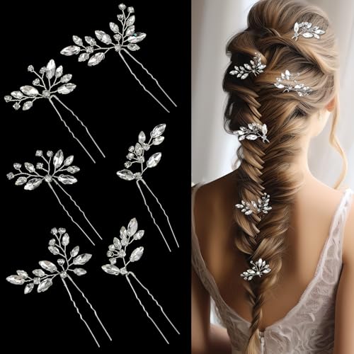 Andibro 6 Stück Blattsilber Strass Haarnadeln,Haarnadeln für Braut Kristall Haarschmuck U-förmig Haarnadel für Hochzeit Party Abschlussball Brautjungfern Blumenmädchen von Andibro