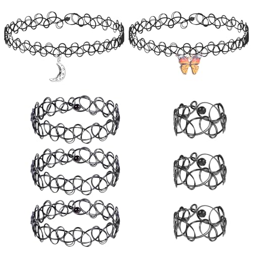 Andibro 8 Stück Elastische Halskette Set, Schmetterling Stretch Tattoo Choker Kette mit Armbänder und Ringe Damen Anhänger Schmuck Gummi Halsband Vintage 90er jahre Accessoires für Mädchen Teenager von Andibro