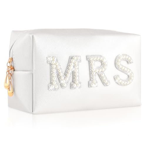 Andibro Braut Make up Tasche,MRS Buchstaben Braut Perlen Strass PU Clutch Tragbare Reise Kosmetiktasche Damen Weiß für Junggesellenabschied Frauen Hochzeit Brautparty Reise Zubehör von Andibro