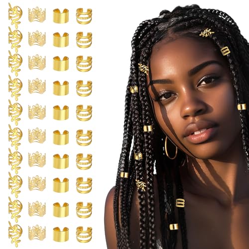 Andibro Gold Haarschmuck für Zöpfe, 40 Stück Verstellbar Metall Geflecht Ringe Haarspiralen Clips Aluminium Haarringe Dreadlocks Zubehör Geflecht Haarperlen Haar Schmuck für Damen Herren Jungen von Andibro