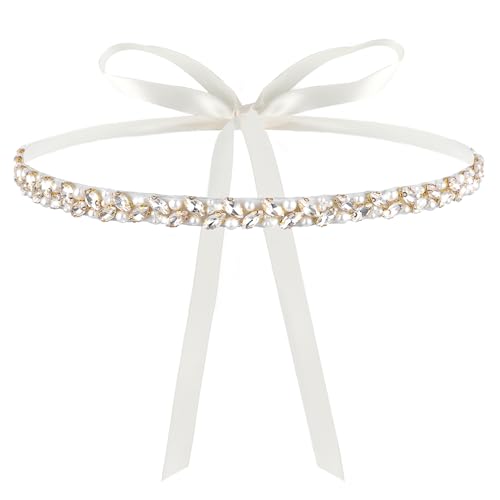 Andibro Handmade Strass Brautgürtel, Kristall Hochzeit Gürtel mit Bändern Braut Hochzeitskleid Schärpe Dekor für Brautkleider(Weiß) von Andibro