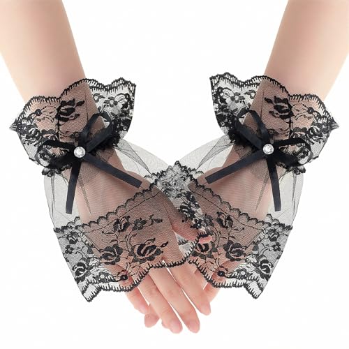 Andibro Kurze Spitzenhandschuhe, Fingerlose Handschuhe für Damen und Bräute Schwarze Schleife Spitze Netzhandschuhe mit Strass Elastische Spitze Handschuhe für Party Hochzeit Bankett Tea Halloween von Andibro