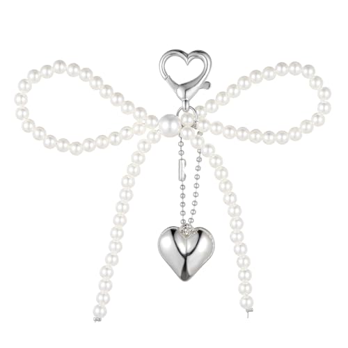 Andibro Schlüsselanhänger mit Perlenschleife, Schlüsselanhänger Süß Schlüsselringe Charms Silber Herz Perle Schleife Handyanhänger Kawaii Bogen Taschenanhänger Handy Anhänger Keychain Phone Charm von Andibro