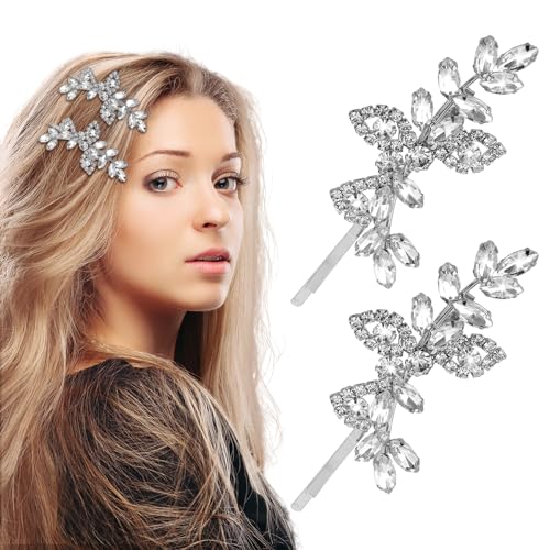 Andibro 2 Stück Haarspangen Mit Strasssteinen, Strass Braut Haarspangen Blatt Hochzeit Haarspange Brautschmuck Kristall Haarnadeln Schmuck Barrette Elegantes Haar Zubehör Für Brautjungfern (Silber) von Andibro