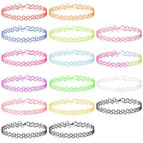 Andibro Elastische Halskette Set, 16 Stück Regenbogen Stretch Tatto Halskette Choker Kette Damen Vintage Punk Gothic Tatto Mehrfarbiger Kette Gummi Halsband 90er jahre accessoires für Mädchen von Andibro