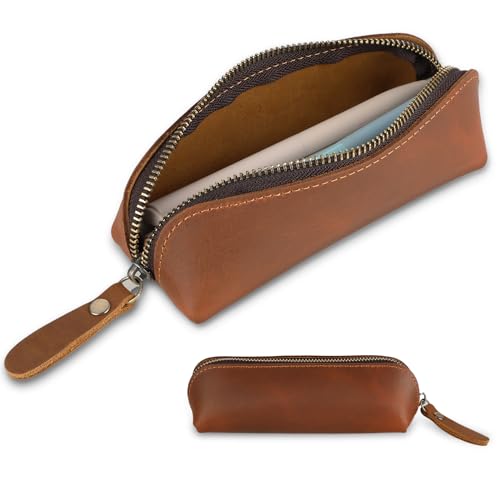 Andibro Vintage Federmäppchen aus Echtem Leder,Federmäppchen aus Genarbtem Leder mit Reißverschluss Handgefertigte Stifttasche Tragbar Bleistift Organizer Schreibwarentasche für Geschäftsleute von Andibro