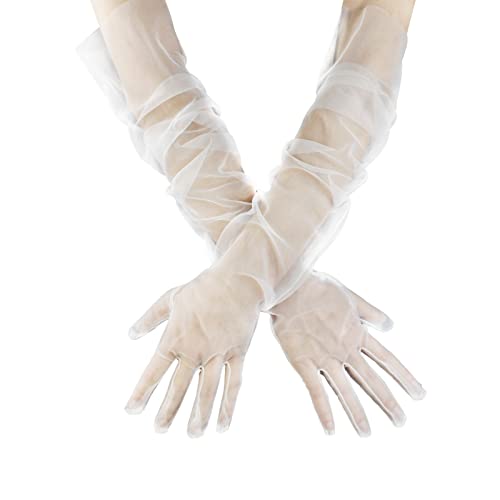 Andiker Damen Lange Tüll Handschuhe, Sheer Hochzeit Braut Handschuhe Ellenbogen Länge Oper Handschuhe für Bankett Prom Tea Party Halloween Kostüme, Weiß 27,5 Zoll von Andiker