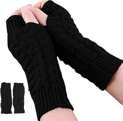 Andiker Fingerlose Winterhandschuhe für Damen, Gestrickte Armwärmer mit Daumenloch, Weiche Handgelenk Halbfingerhandschuhe (Schwarz) von Andiker