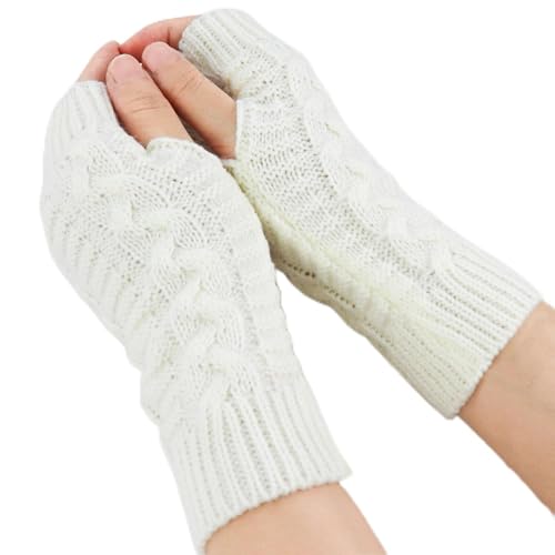 Andiker Fingerlose Winterhandschuhe für Damen, Gestrickte Armwärmer mit Daumenloch, Weiche Handgelenk Halbfingerhandschuhe (Weiß) von Andiker