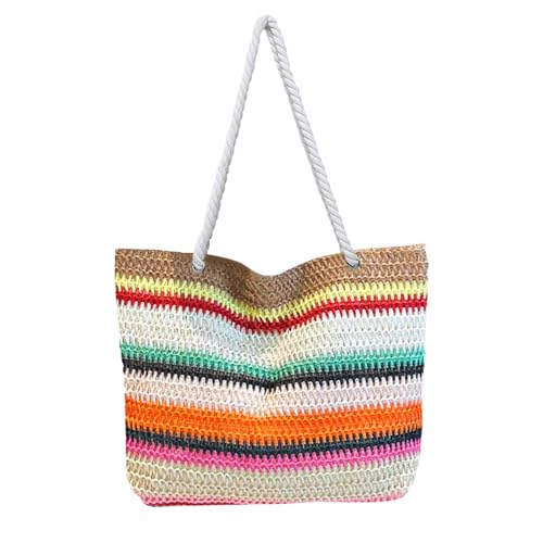 Andiker Regenbogen-Strohtasche für Damen, leicht, groß, Strandtasche mit Reißverschluss, gestreift, Stroh-Tragetasche für Damen, Braun Andiker Regenbogen-Strohtasche für Damen, leicht, groß, Strandtasche mit Reißverschluss, gestreift, Stroh-Tragetasche für Damen, Braun von Andiker
