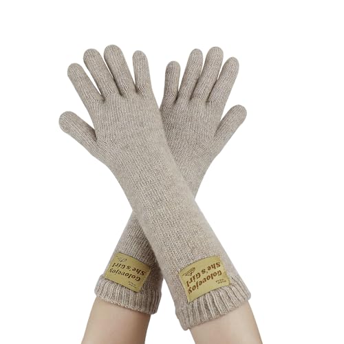 Andiker Thermohandschuhe für Frauen, gestrickte Wolle Daumen und Zeigefinger Touchscreen Handschuhe, warme weiche elastische Winterhandschuhe für den Innenbereich (Khaki, Lang) von Andiker