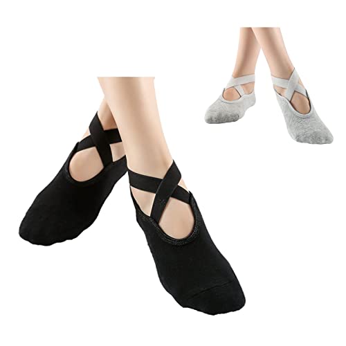 Andiker Yogasocken, 2 Paar rutschfeste Yogasocken, rutschfeste Sportsocken mit elastischen Kreuzgurten für Damen und Mädchen, ideal für Pilates Ballett Indoor Fitness Yoga Trampolin (Schwarz+Grau) von Andiker